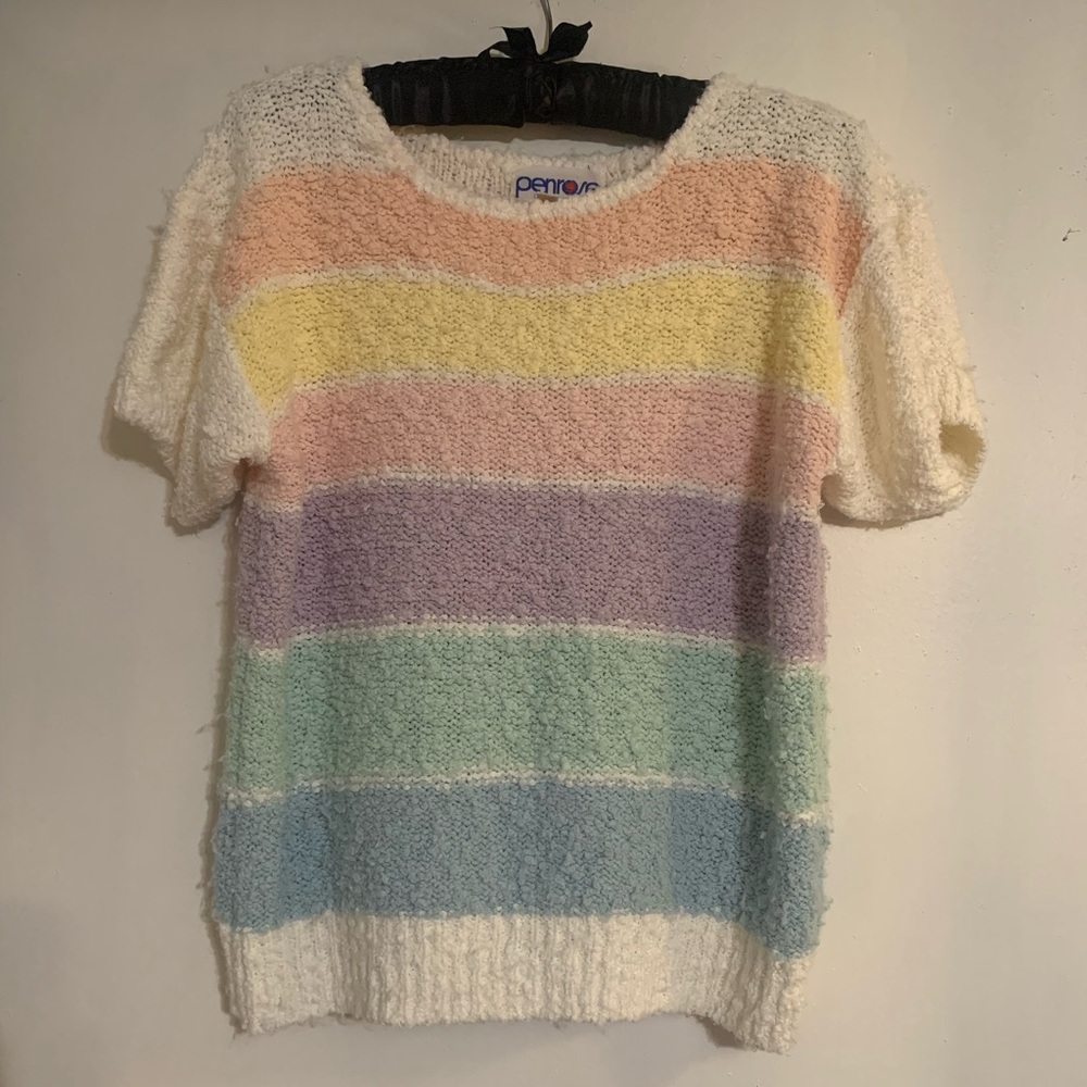 Vintage Pastel Rainbow Short Sleeved Chunky Knit Sweater